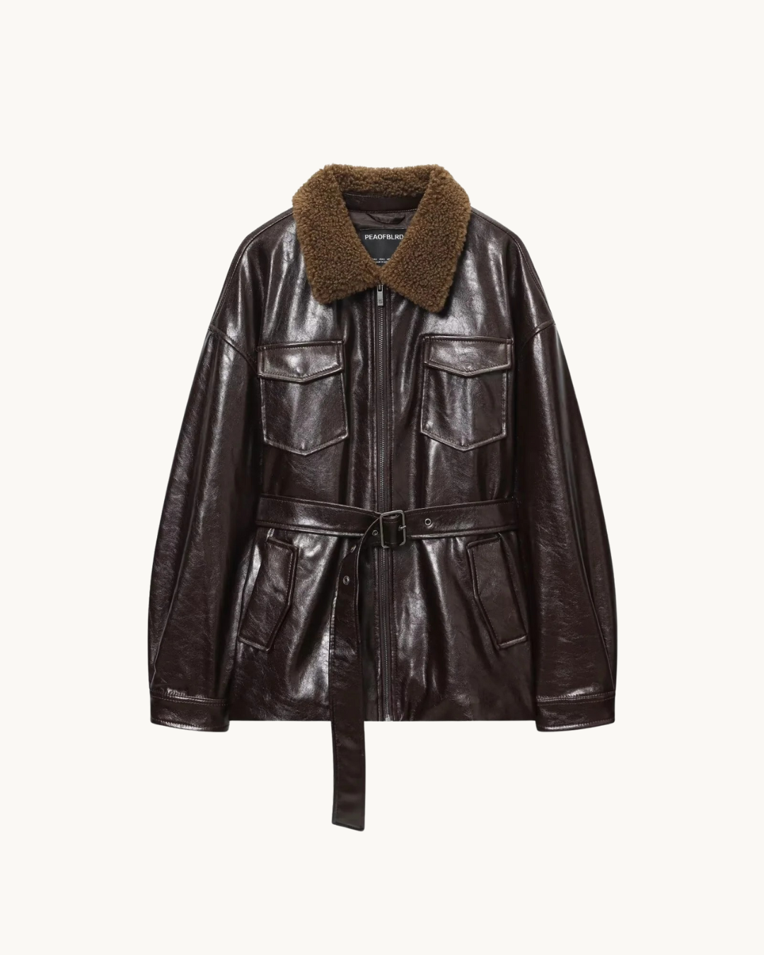 CHIQUE LEREN JAS MET TEDDY KRAAG