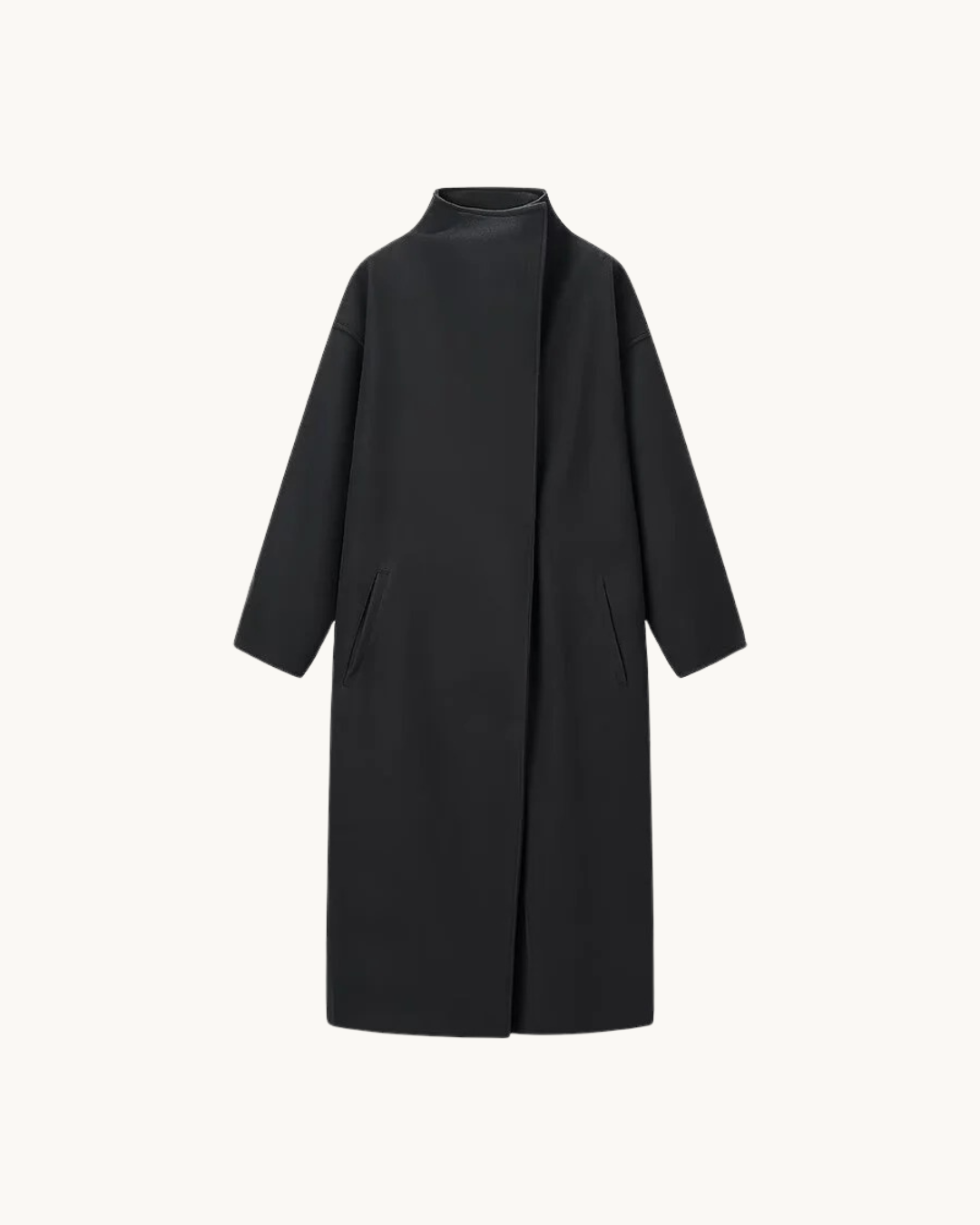 ELEGANTE LANGE JAS MET STAANDE KRAAG