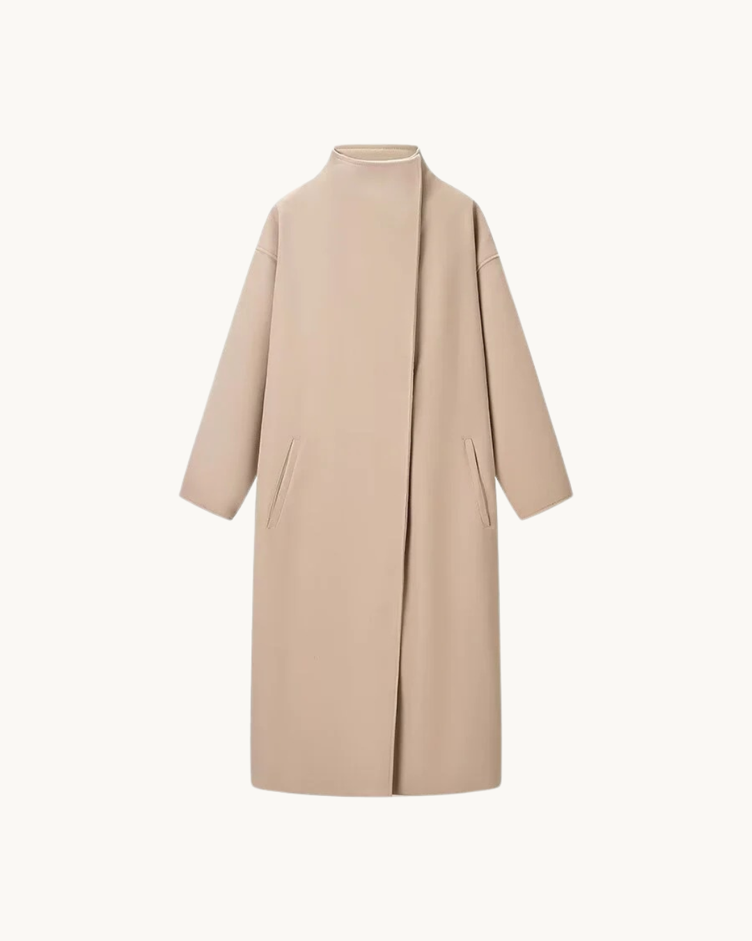 ELEGANTE LANGE JAS MET STAANDE KRAAG