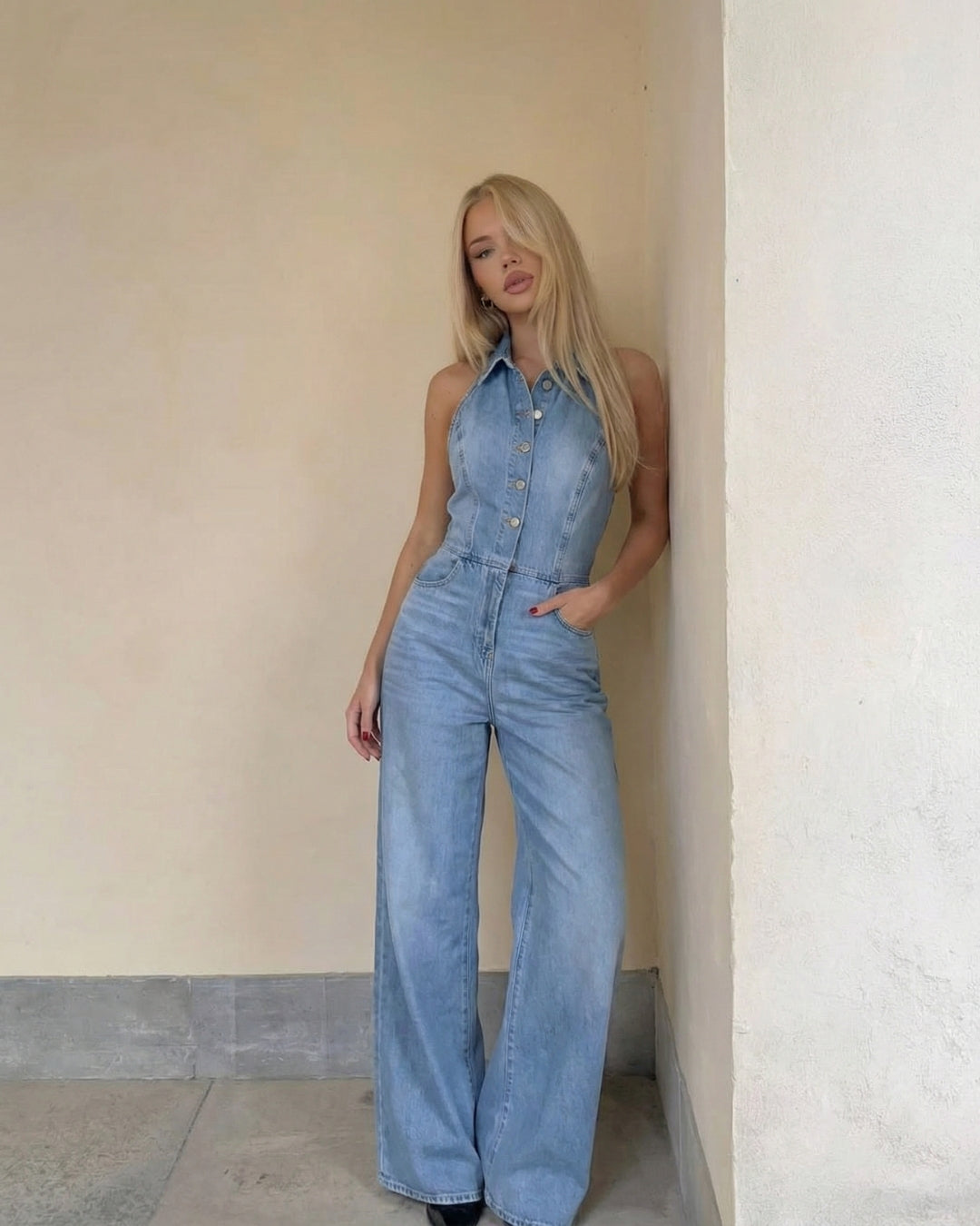 CASUAL DENIM JUMPSUIT - LICHTBLAUW