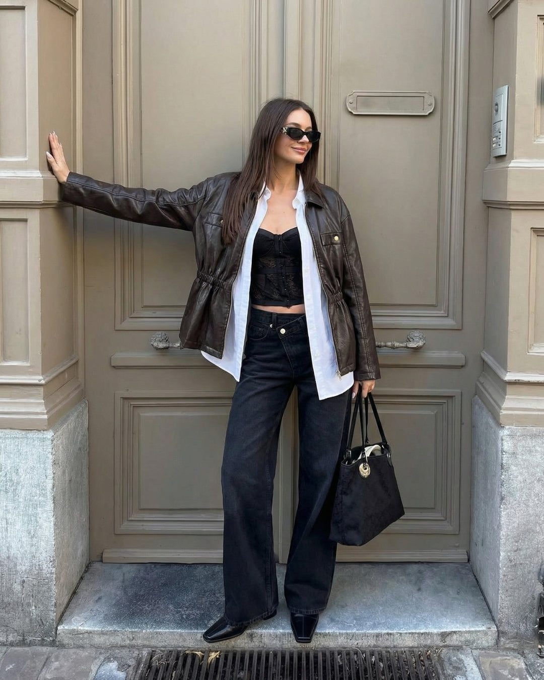 CASUAL LEREN JAS MET KRAAG