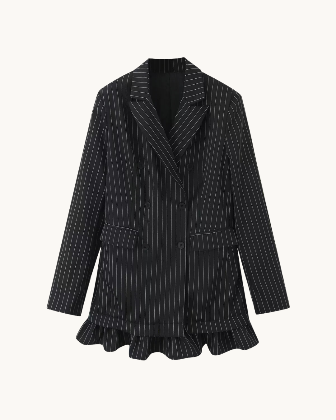 ELEGANTE GESTREEPTE BLAZER MET RUFFLE - ZWART