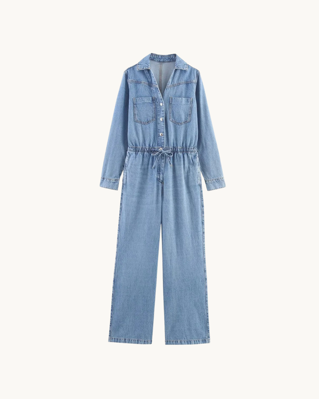 COMFY DENIM JUMPSUIT MET KOORD - LICHTBLAUW