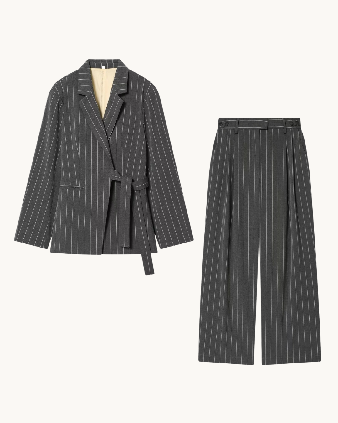 ELEGANTE GESTREEPTE SET MET RIEM - GRIJS