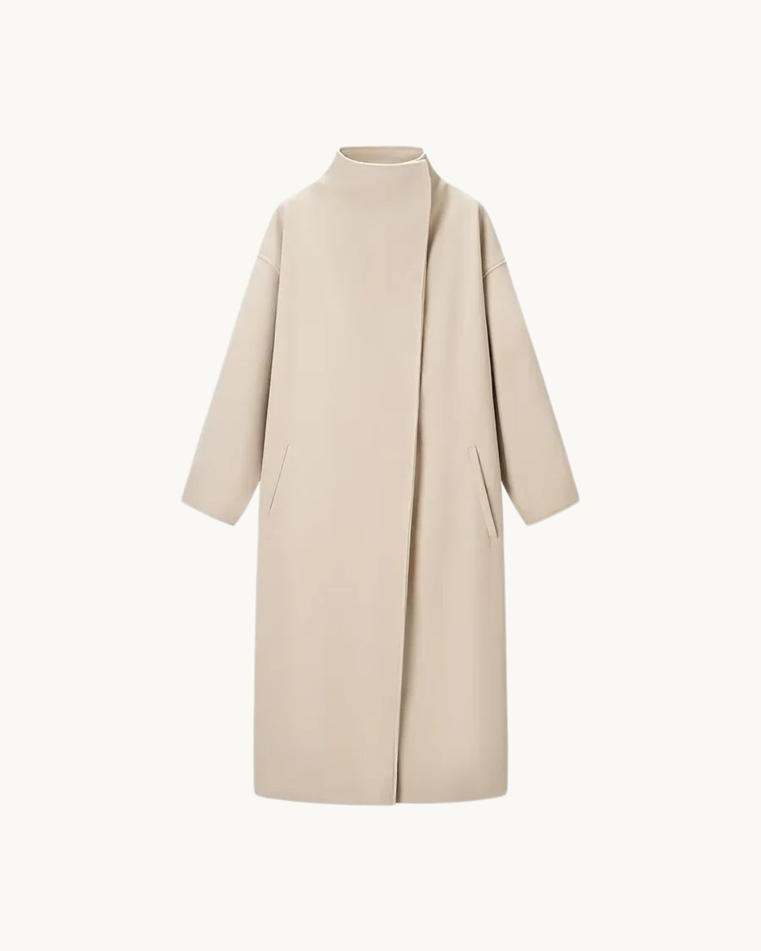 ELEGANTE LANGE JAS MET STAANDE KRAAG