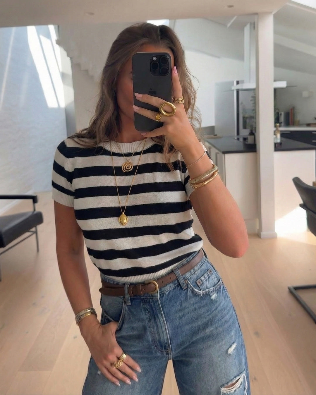 CASUAL GEBREIDE GESTREEPTE T-SHIRT