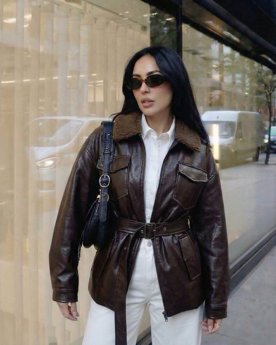 CHIQUE LEREN JAS MET TEDDY KRAAG